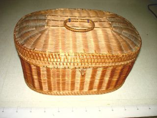 Antique Dated 1873 Woven Wicker Oval Chinese Asian Sewing Basket 9” Nr