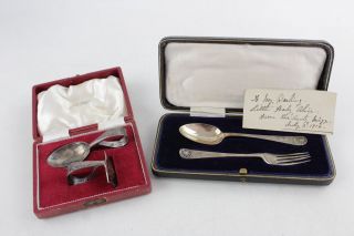 4 Antique/vintage Hallmarked.  925 Sterling Silver Christening Cutlery Cased 81g