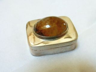 Vintage Small Sterling Silver Pill Box With Agate Stone