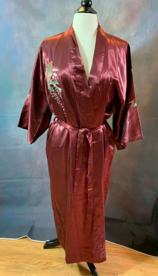 Vtg Golden Dragon Burgundy Maroon Red Embroidered Floral Silk Robe Kimono Xl