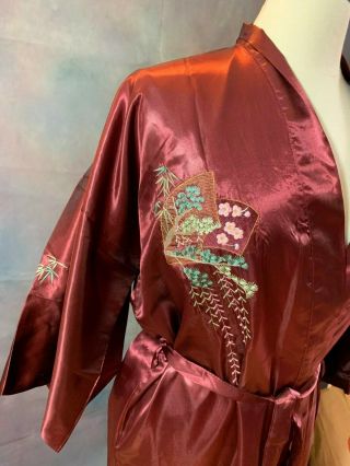 VTG Golden Dragon Burgundy Maroon Red Embroidered Floral Silk Robe Kimono XL 2