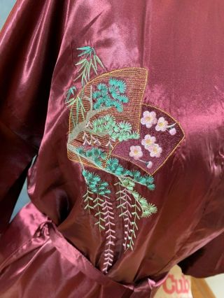 VTG Golden Dragon Burgundy Maroon Red Embroidered Floral Silk Robe Kimono XL 3