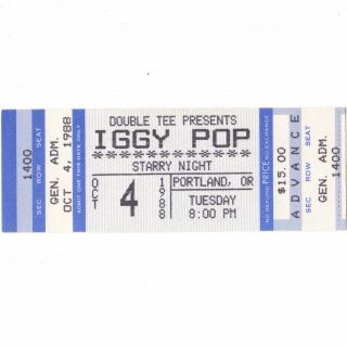 Iggy Pop Concert Ticket Stub Portland 10/4/88 I Wanna Be Your Dog Instinct Rare
