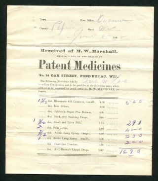 1888 Antique Quack Medical Billhead Patent Medicine Fond Du Lac Wi Arctic Lung