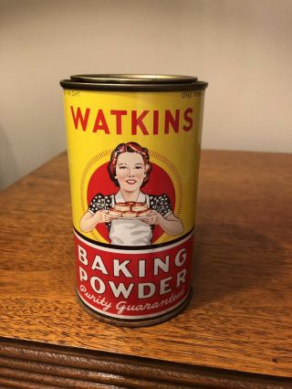Vintage Retro Watkins Baking Powder Tin Jr Watkins Co W/ Lid 1 Lb Rare Wow