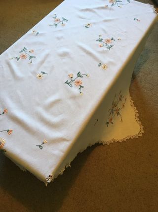 Vintage Hand Embroidered Linen Tablecloth Flowers Floral Square Crochet Edge