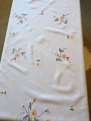 Vintage Hand Embroidered Linen Tablecloth Flowers Floral Square Crochet Edge 2