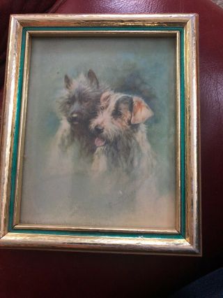 Vintage Litho In Usa Dog Print Wood Frame 5 3/4” Terrier Mixes