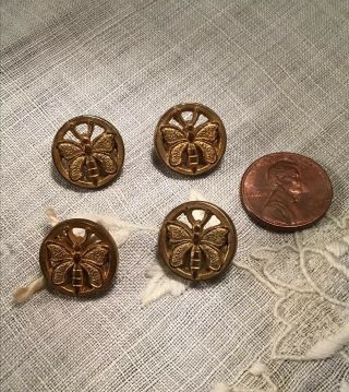 (4) - 5/8 " Victorian Antique Pierced Brass Color Metal Buttons - Butterfly