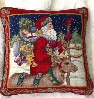 Vintage Needlepoint Pillow Christmas Old World Santa Scene 12 " Wool Velvet Zip