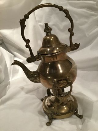 Vintage Elegant Ornate Brass Tea Pot With Stand And Burner Piece D