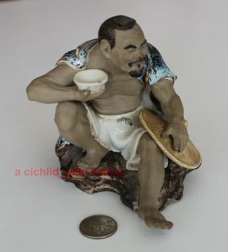 Chinese Mud Man Sitting with Bowl and Hat Handmade and Painted Figurine 2
