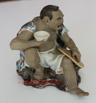 Chinese Mud Man Sitting with Bowl and Hat Handmade and Painted Figurine 3