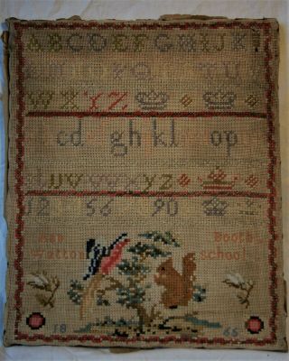 Antique Sampler 1865 Ann Booth,  Watton School,  Bird / Squirrel And Alphabet