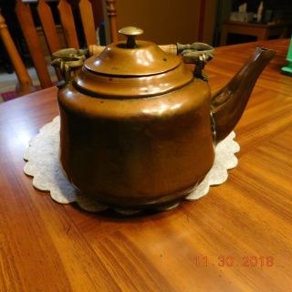 Antique Copper And Brass Tea Kettle With Removable Lid Wood & Brass Handle