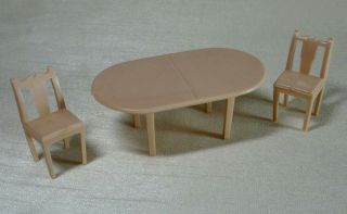 Vintage Dollhouse Beige Oval Dining Table & 2 Chairs (marx?)