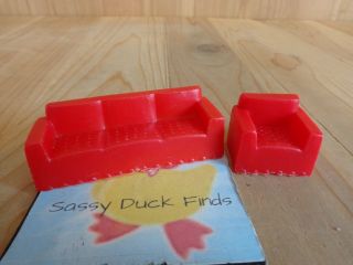 Vintage Dollhouse Furniture 2 Pc Living Room Set Sofa Couch & Chair Red Plastic