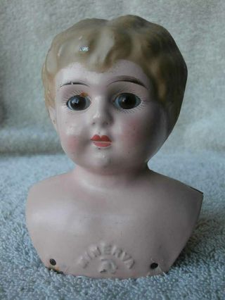 Antique German Minerva Tin Doll Head 4 1/4 " Face Glass Eyes