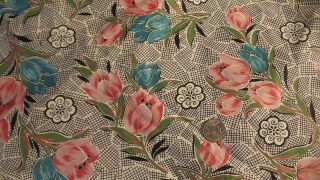Antique Cotton Fabric Pink & Turquoise Tulips On Black & White 1 Yd/35 "