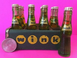Rare Set Of 12 Vintage Miniature 3 " Canada Dry Wink Soda Bottles & Wood Crate