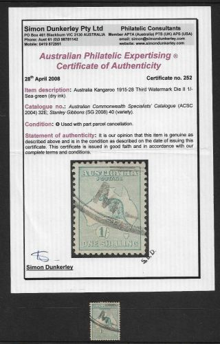 Roos – 1/ - (3rd Watermark) Rare Shade Sea - Green With Certificate (cv $300)
