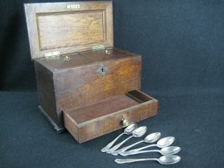 Vintage Oak Tea Caddy With Silver Plated Spoons