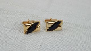 Vintage Mid Century Gold Plated Cuff Links With Black Bakelite Diagonal Bars