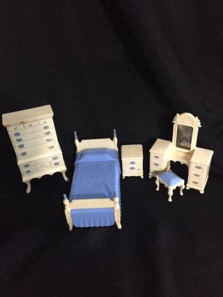 Vintage Ideal Dollhouse 5 Pc.  Blue & Ivory Girl’s Bedroom Suite