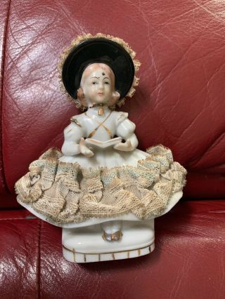 Vintage 4 1/2” Lace Dipped Porcelain Victorian Girl W/ Book Figurine Japan