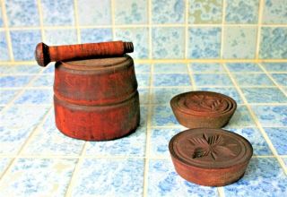 Vintage Round Wood Butter Mold With 2 Molds Primitive Wooden Press