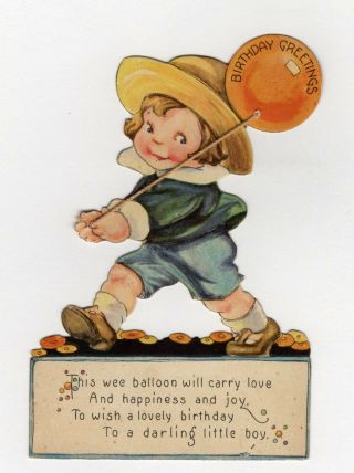 Vintage Antique Birthday Greeting Card Die Cut Boy Holding Rope Balloon