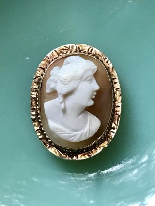 Antique Solid 14k Yellow Gold Carved Shell Cameo Brooch Or Necklace Pendant