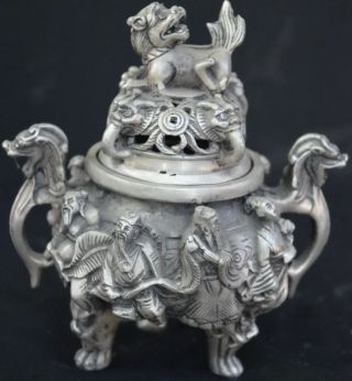 Collectable China Old Handwork Miao Silver Carve 8 God & Dragon Incense Burner