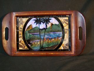 Antique Vtg Mahogany Marquetry Inlaid Butterfly Wing Serving Tray Rio 1930