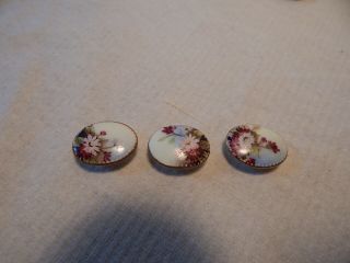 Three 1880 Victorian Porcelain Stud Buttons Gold Edge Pink Flower Hand Painted