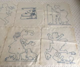 11 Vintage Antique Hand Embroidered Nursery Rhyme Quilt Blocks Lt Blue On White