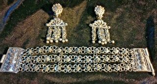 Antique Mexican Silver Chain Bracelet C Clip On Earrings
