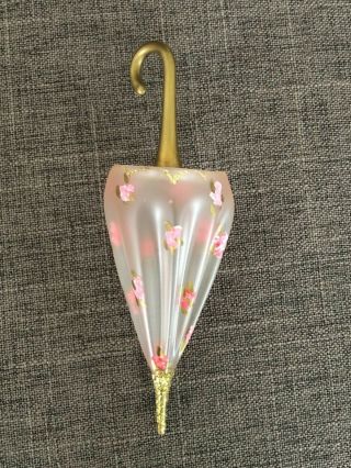 Pink & Gold Blown Glass Umbrella Parasol Christmas Ornament W/flowers Rare Euc