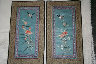 Pair Beautifully Embroidered Vintage Chinese Silk Panels Birds & Fowers.