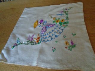 Vintage Hand Embroidered Linen Cushion Cover - Crinoline Lady