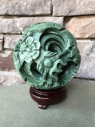 5” Hand Carved Six Layers Green Jade Magic Puzzle Ball Sphere Jewelry Gift