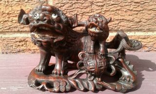 Antique Japanese Meiji Period Wooden Carved Dog Of Foo 6 X 4 Inches