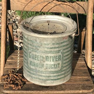 Vtg Rare Green River Minnow Bucket Green Stripe Fishing Equipment