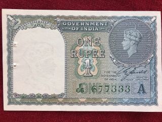 Rare 1 One Rupee Uncirculated Banknote From British India 1940 Green Serial