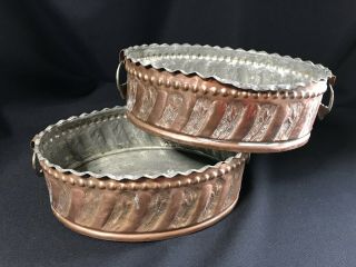 Pair Rare Arts & Crafts Art Nouveau Twin Handled Copper Brass Planters Bowls