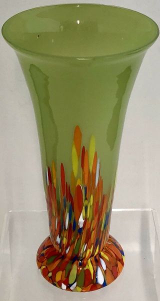 Vintage Green Czech 8 " Art Deco Glass Vase Czechoslovakia Multi Color Base Rare