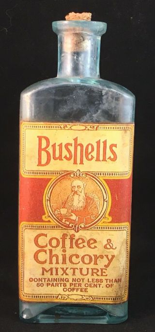 Vintage Bushells Coffee & Chicory Mixture Glass Antique P T & Co Bottle & Label