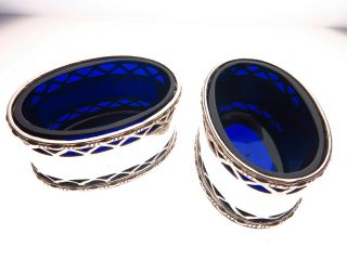 Victorian Silver Plated Salt Dishes Bristol Blue Glass Liners