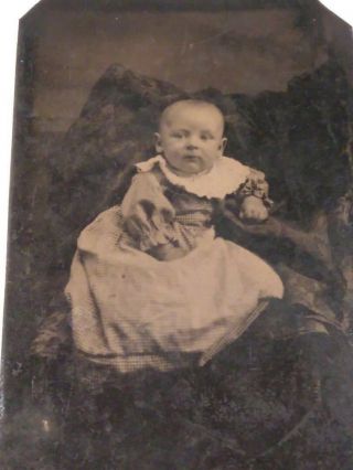 VINTAGE ANTIQUE 1800s TIN TYPE PHOTO PICTURE BABY IN WHITE DRESS Ships 2