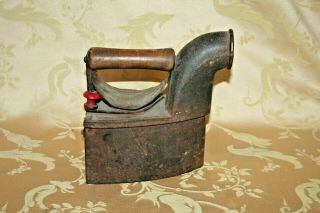 Antique Cast Iron Rare 8 " Long Charcoal Fired Sad Iron W/ Chimney & Wood Handle